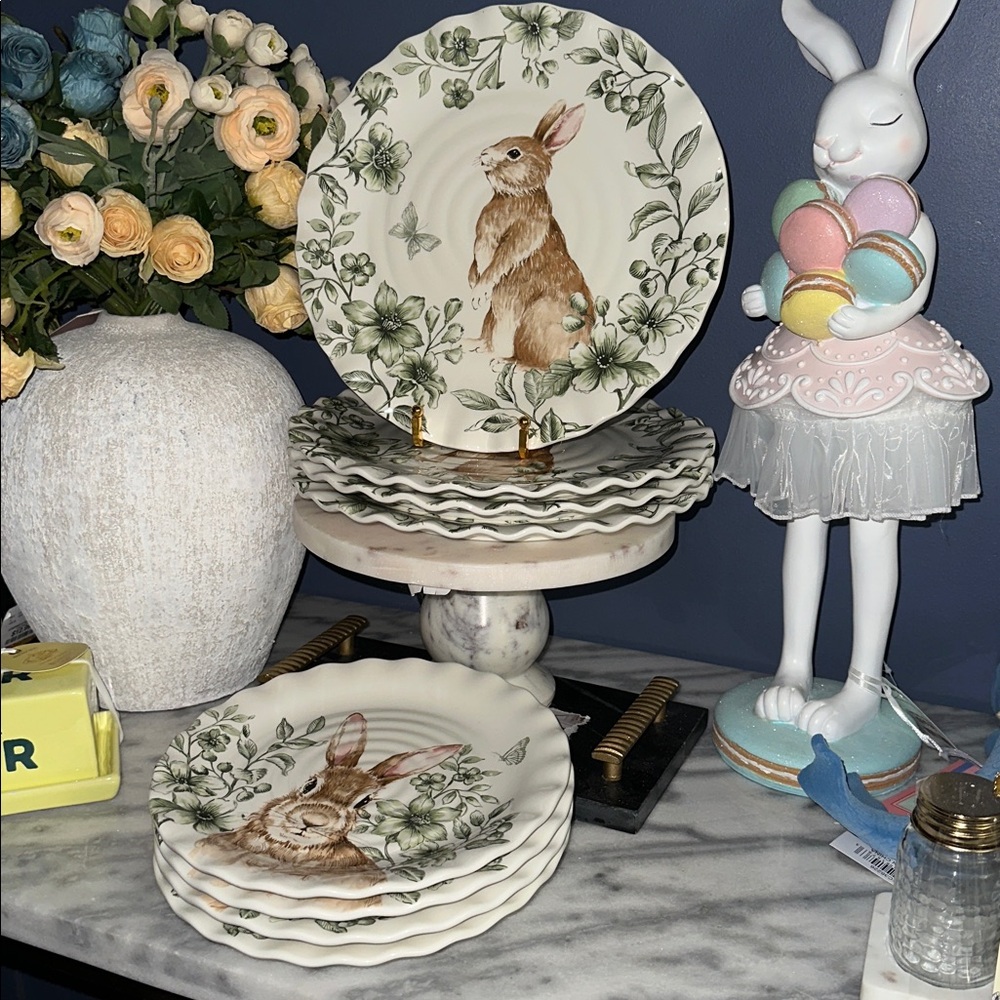 Decorative Bunny Floral Ceramic Plate Set - Green & Brown